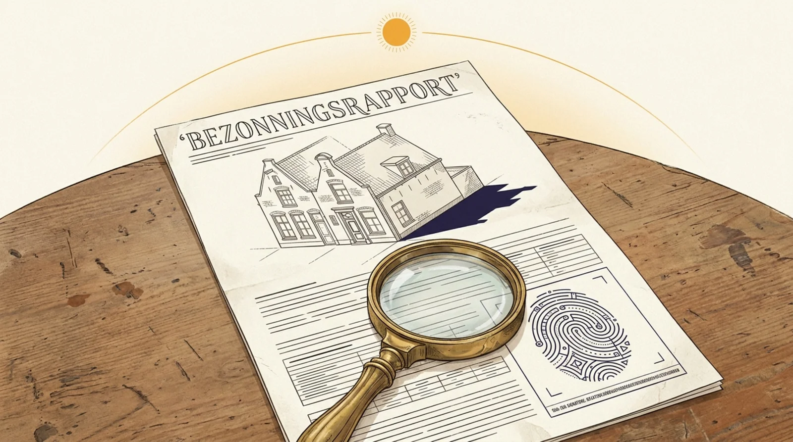 Axonometrische tekening van een gedrukt bezonningsrapport op een houten bureau, met een vergrootglas erboven en een vingerafdruk-motief onderaan de PDF dat de SHA-256-hash suggereert. Daarboven een dunne amberkleurige zonneboog.