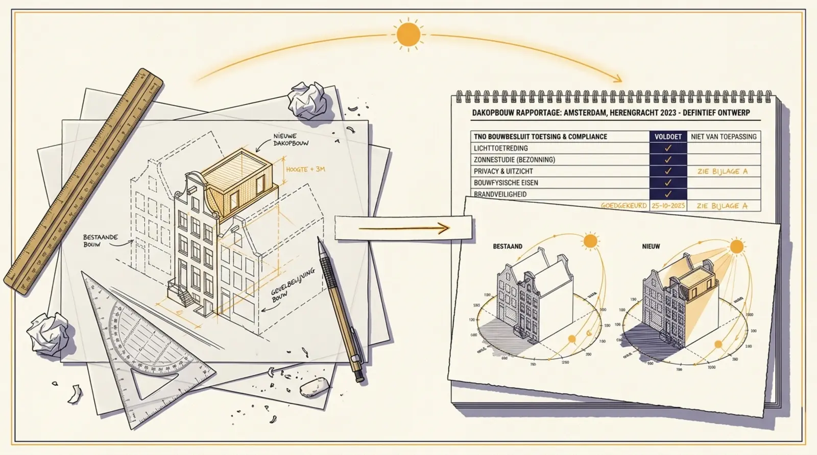 Axonometrische tekening van een architectenbureau-tafel: links een handgetekende 3D-modelschets van een woning met geplande dakopbouw en pijlen die de omliggende bebouwing aangeven, midden een pijl-symbool “→” op een strook papier, rechts een gedrukt A4-rapport met TNO-toetsingstabel en een side-by-side bezonningsdiagram. Bovenin loopt een dunne amberkleurige zonneboog.