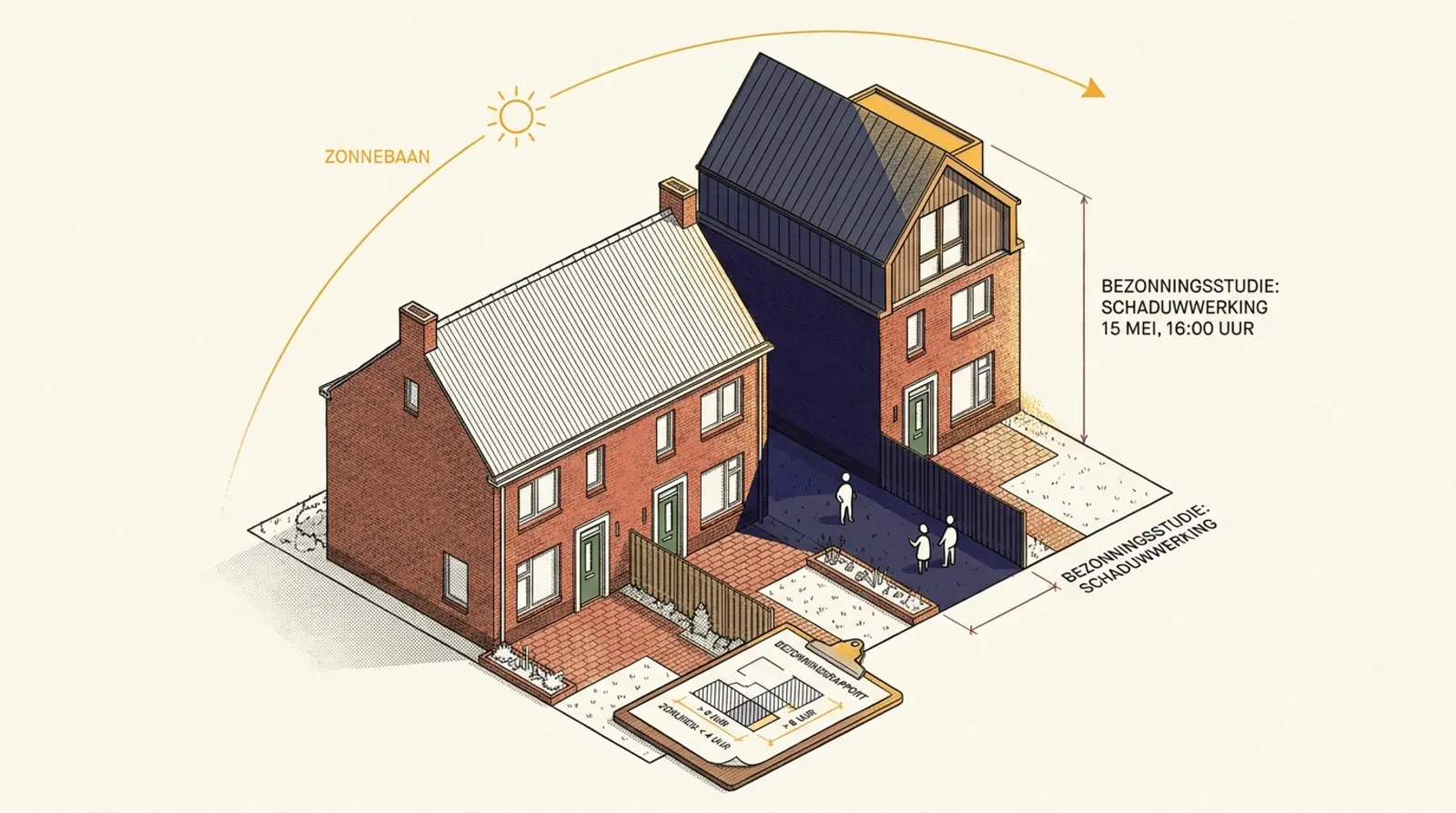 Axonometrische tekening van twee rijwoningen naast elkaar, links de bestaande situatie en rechts de voorgestelde dakopbouw, met de slagschaduw zichtbaar over de tuin van de buren. Een dunne amberkleurige zonneboog loopt bovenin door.