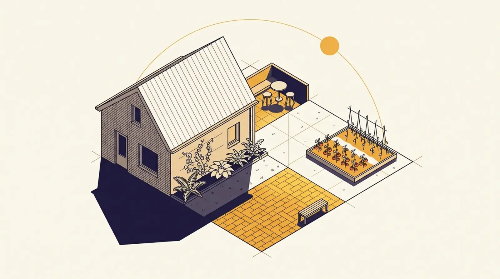 Axonometrische tekening van een achtertuin met links een woning met zadeldak die schaduw op de tuin werpt, midden een zithoek met tafeltje en krukjes en een geplaveid terras in amber, rechts een moestuinbed met tomatenplanten en boonstokken. Langs de gevel groeien varens en bladplanten. Bovenin loopt een dunne amberkleurige zonneboog met zonnedisc.