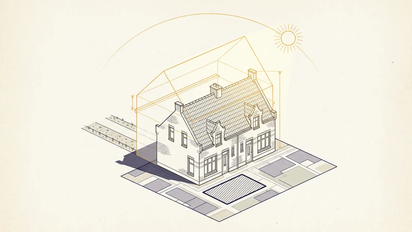 Axonometrische tekening van een rijwoning met daarboven een doorzichtig lijnvolume dat de maximale goot- en bouwhoogte uit het omgevingsplan aangeeft, met de plankaart als vlak eronder en een dunne amberkleurige zonneboog erboven.