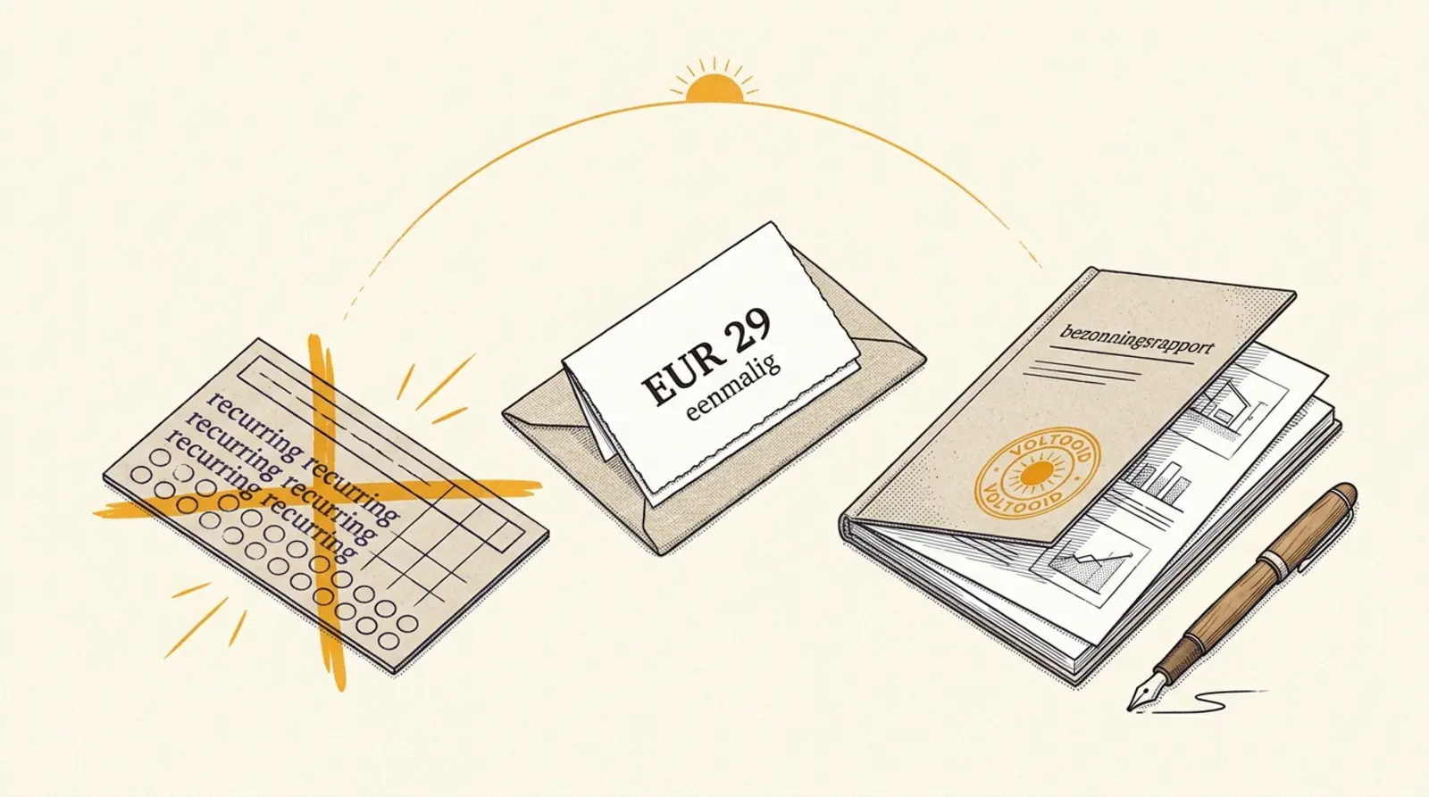 Axonometrische tekening van drie bureau-objecten naast elkaar: links een punch-card met “recurring” herhaald erop en een amberkleurig kruis erdoor, midden een envelop met een kaartje “EUR 29 / eenmalig”, rechts een gebonden bezonningsrapport met “VOLTOOID”-stempel en een vulpen ernaast. Bovenin loopt een dunne amberkleurige zonneboog met zonnedisc.