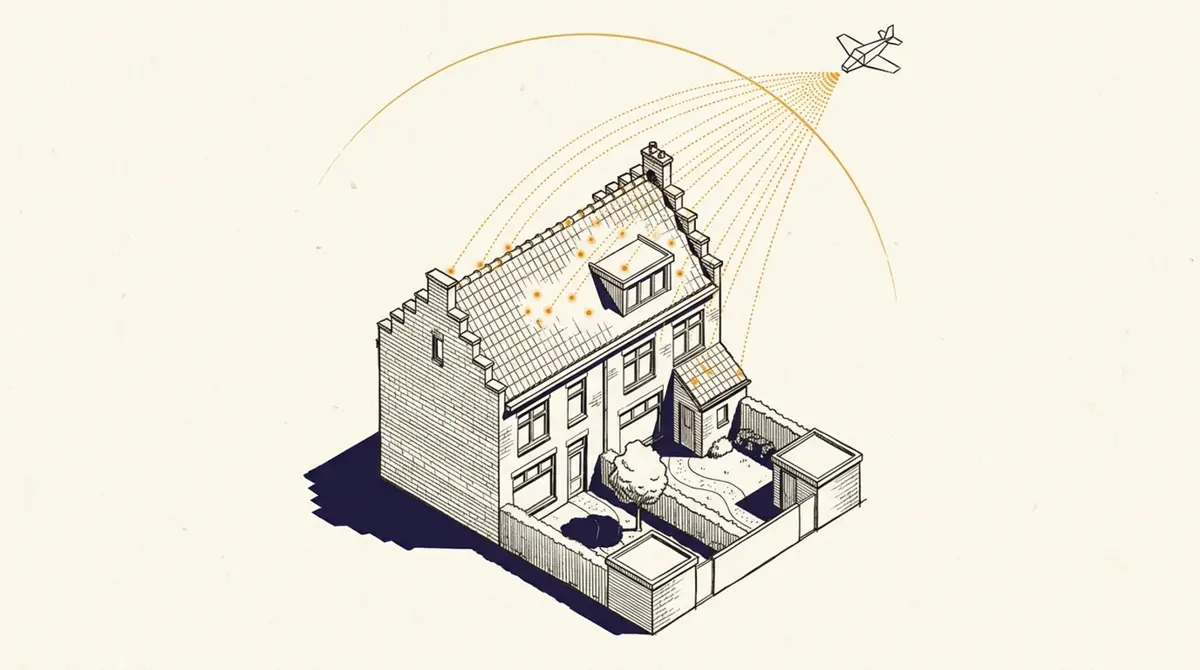 Schematische tekening van een Nederlandse rijwoning van bovenaf, met stippellijnen die LiDAR-pulsen uit de lucht voorstellen, dunne amberkleurige zonneboog erboven.